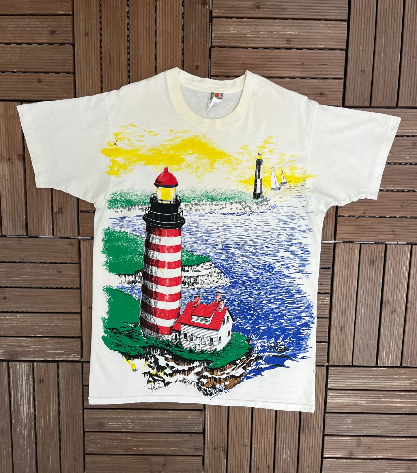 Lighthouse All Over Print Graphic Tee | Size Large | Vintage 1990s Scenic White T-Shirt |