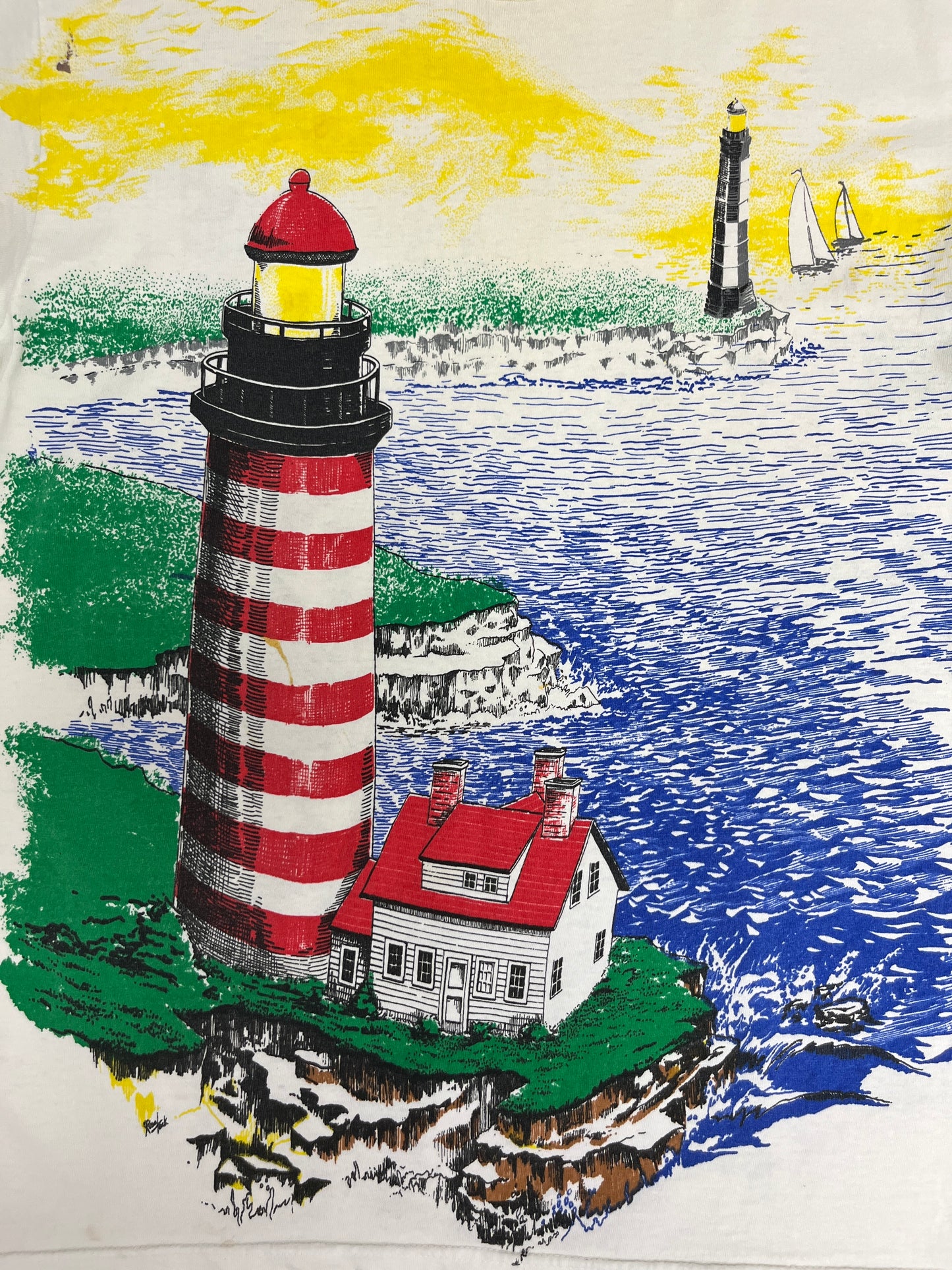 Lighthouse All Over Print Graphic Tee | Size Large | Vintage 1990s Scenic White T-Shirt |