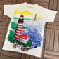 Lighthouse All Over Print Graphic Tee | Size Large | Vintage 1990s Scenic White T-Shirt |