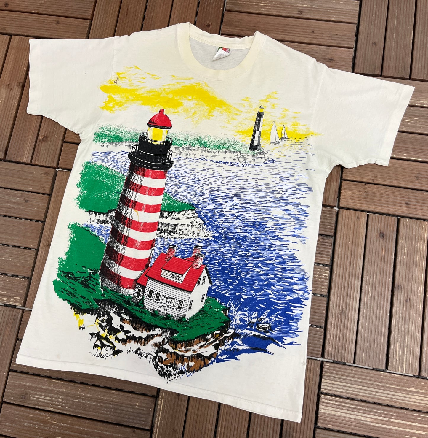 Lighthouse All Over Print Graphic Tee | Size Large | Vintage 1990s Scenic White T-Shirt |