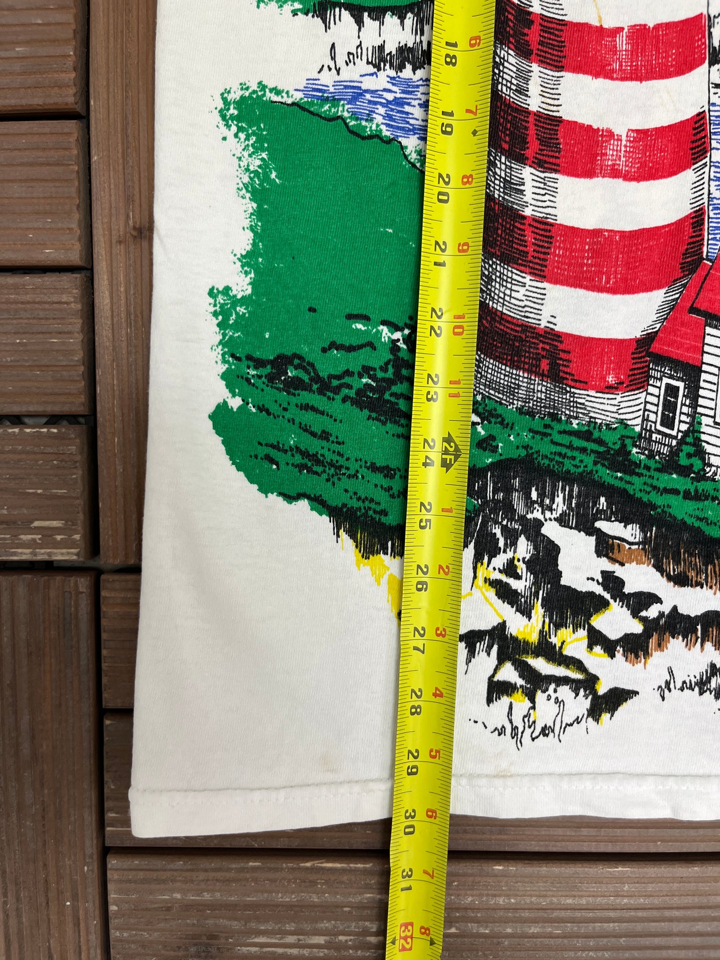 Lighthouse All Over Print Graphic Tee | Size Large | Vintage 1990s Scenic White T-Shirt |