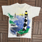 Lighthouse All Over Print Graphic Tee | Size Large | Vintage 1990s Scenic White T-Shirt |