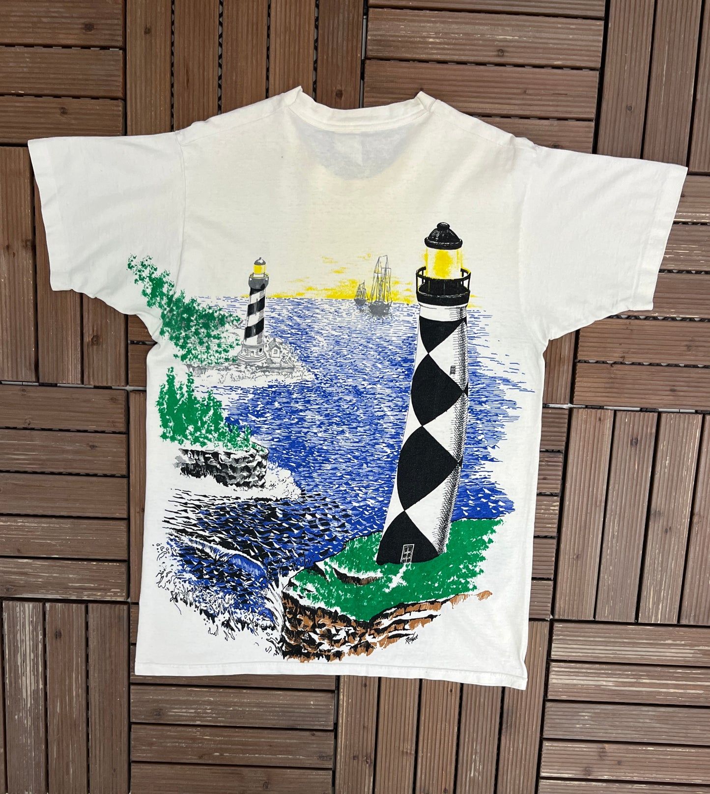 Lighthouse All Over Print Graphic Tee | Size Large | Vintage 1990s Scenic White T-Shirt |