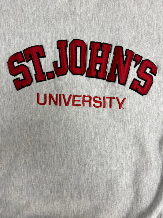 St. John's University Red Storm Stitched Graphic Crewneck | Size Large | Vintage 1990s Reverse Weave College Grey Sweater |