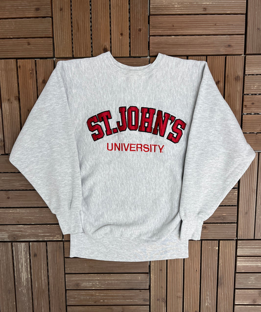 St. John's University Red Storm Stitched Graphic Crewneck | Size Large | Vintage 1990s Reverse Weave College Grey Sweater |