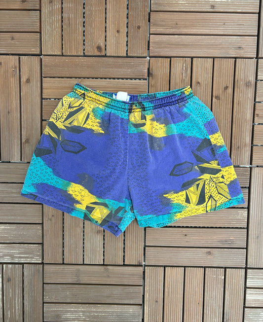 Club Europe Abstract Graphic Shorts | Size Large | Vintage 1990s Branded Purple Shorts |