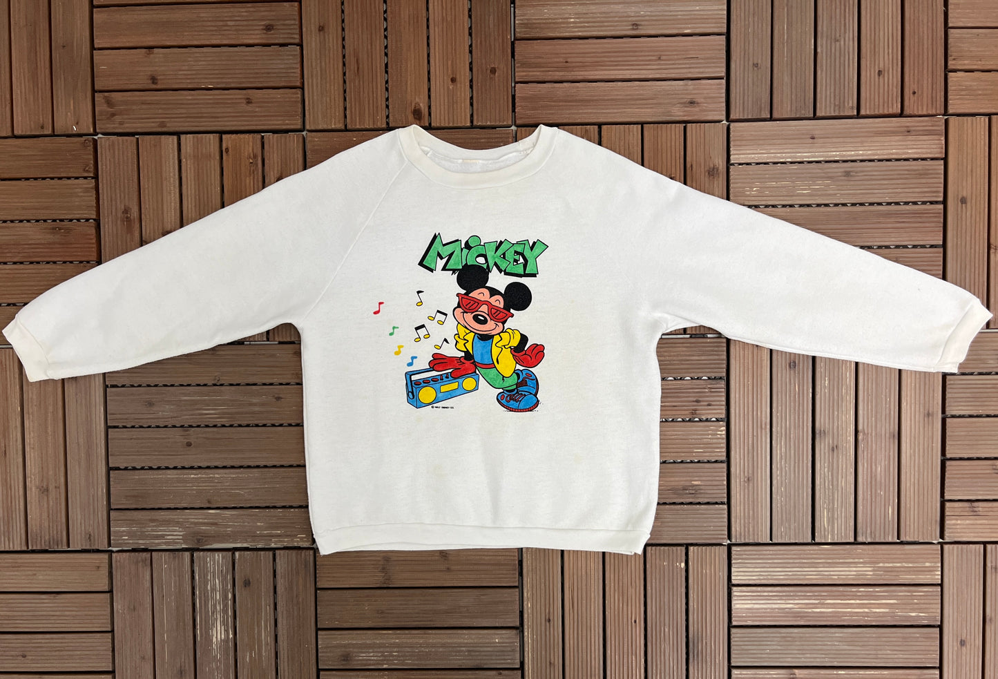 Mickey Mouse Jukebox Graphic Crewneck | Size Small | Vintage 1990s Promotional Cartoon White Sweater |