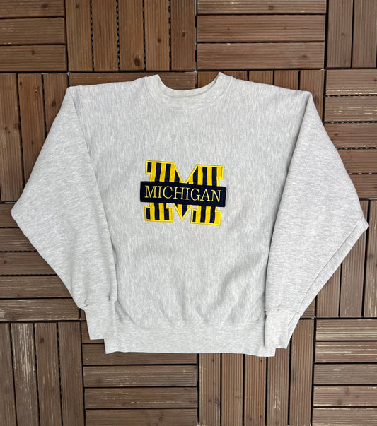 Michigan Wolverines Stitched Graphic Crewneck | Size Large | Vintage 1990s College Sports Grey Sweater |