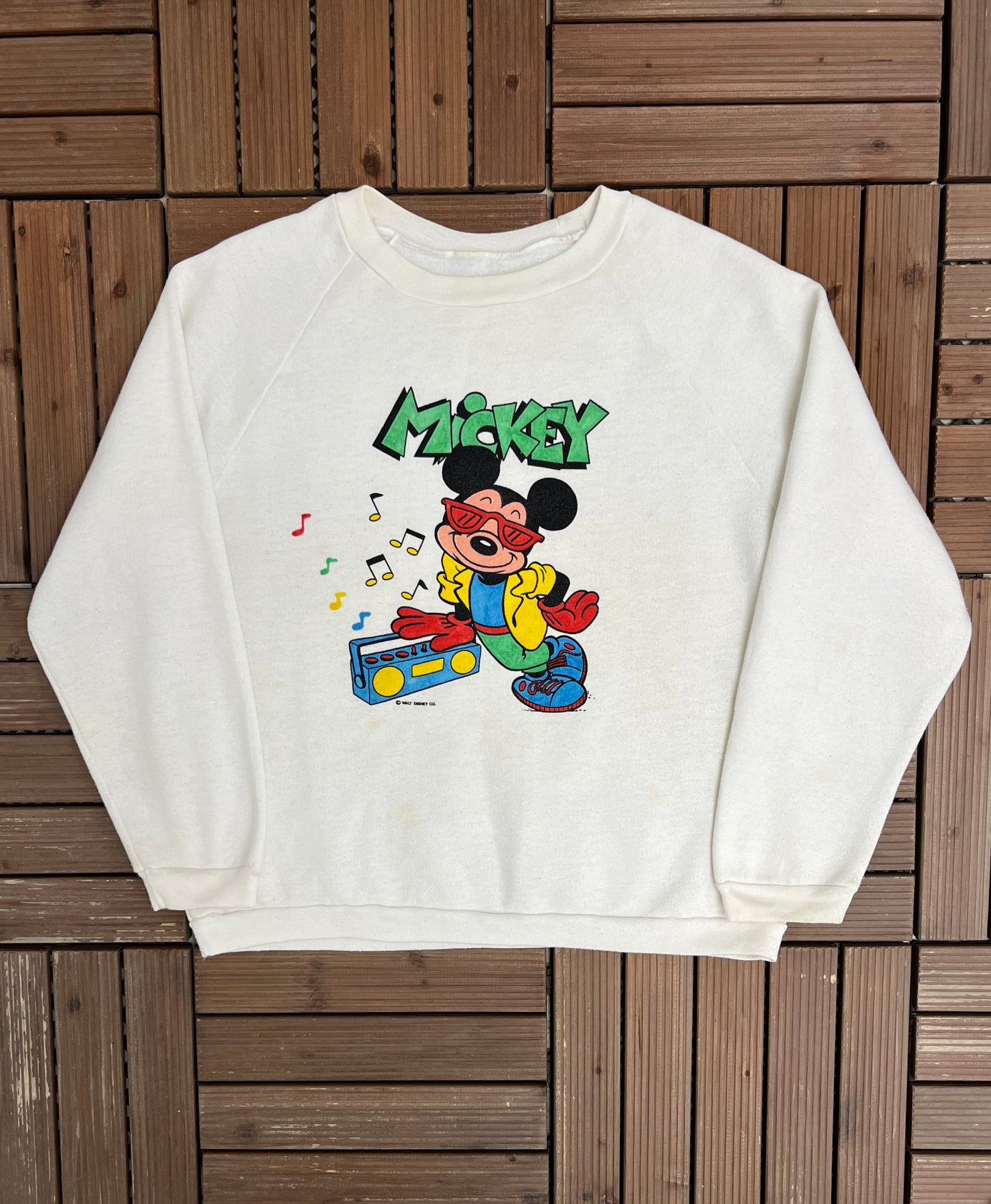 Mickey Mouse Jukebox Graphic Crewneck | Size Small | Vintage 1990s Promotional Cartoon White Sweater |