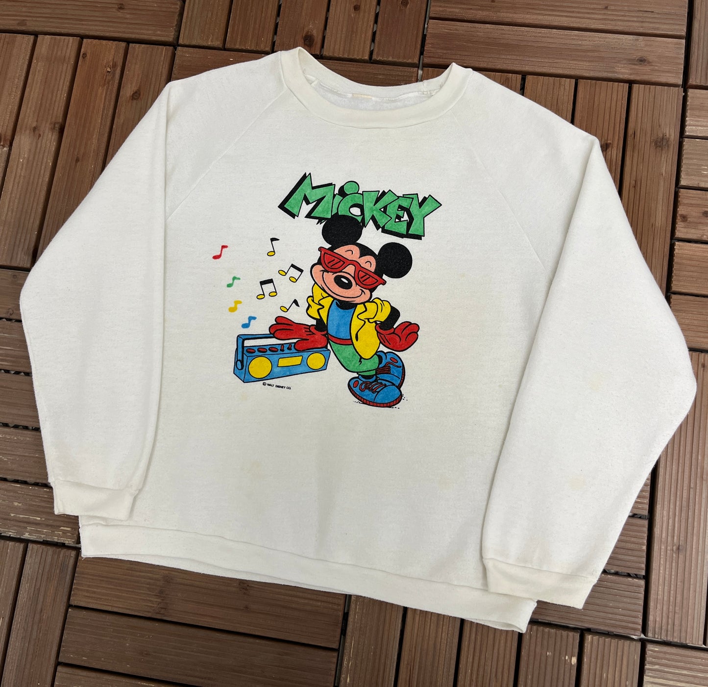 Mickey Mouse Jukebox Graphic Crewneck | Size Small | Vintage 1990s Promotional Cartoon White Sweater |