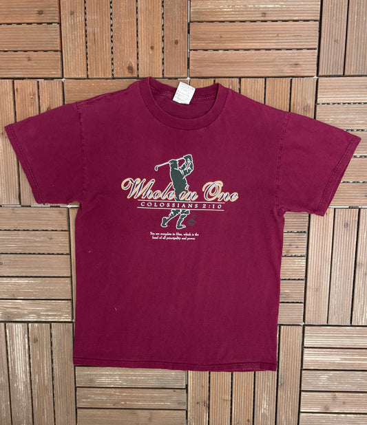 Whole In One Colossians 2:10 Graphic Tee | Size Large | Vintage 2000s Religion Red T-Shirt |