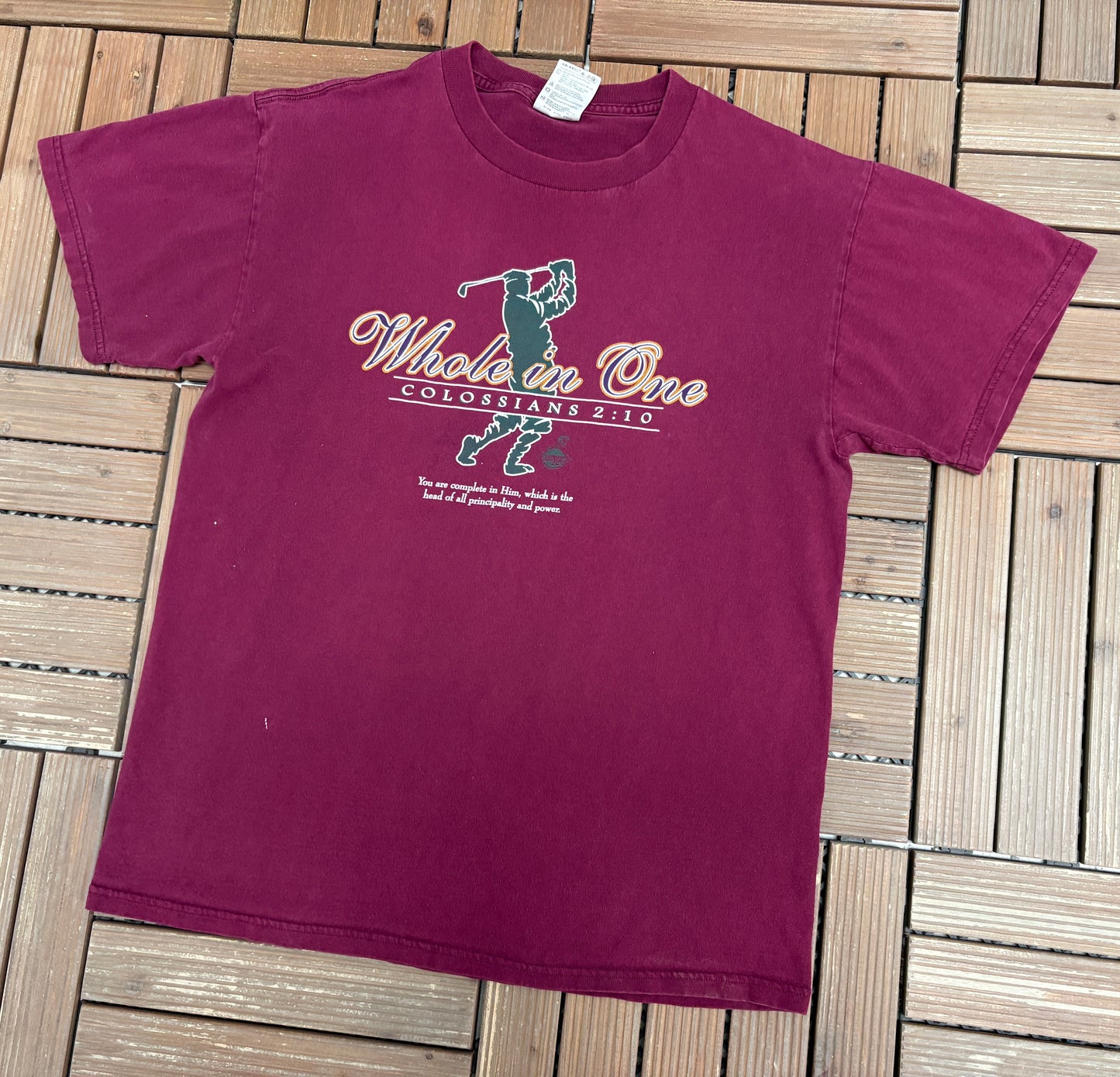 Whole In One Colossians 2:10 Graphic Tee | Size Large | Vintage 2000s Religion Red T-Shirt |