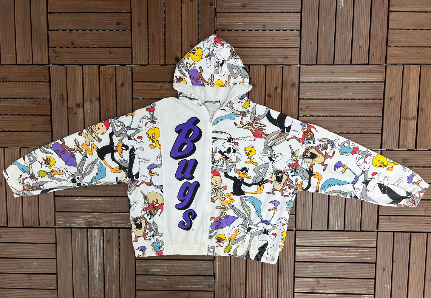 Bugs Bunny Looney Tunes Graphic Hoodie | Size Large | Vintage 1990s Cartoon AOP White Sweater |