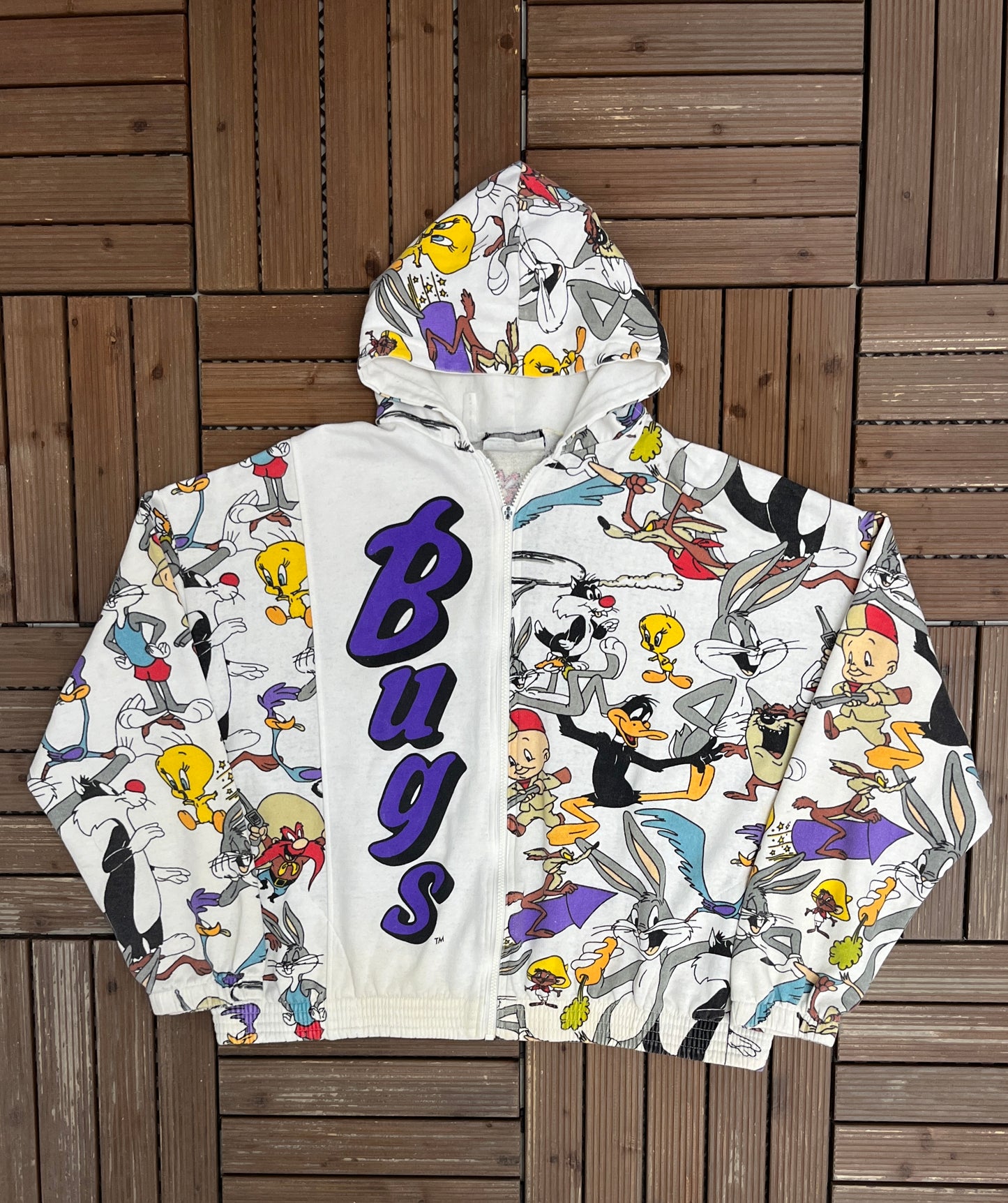 Bugs Bunny Looney Tunes Graphic Hoodie | Size Large | Vintage 1990s Cartoon AOP White Sweater |