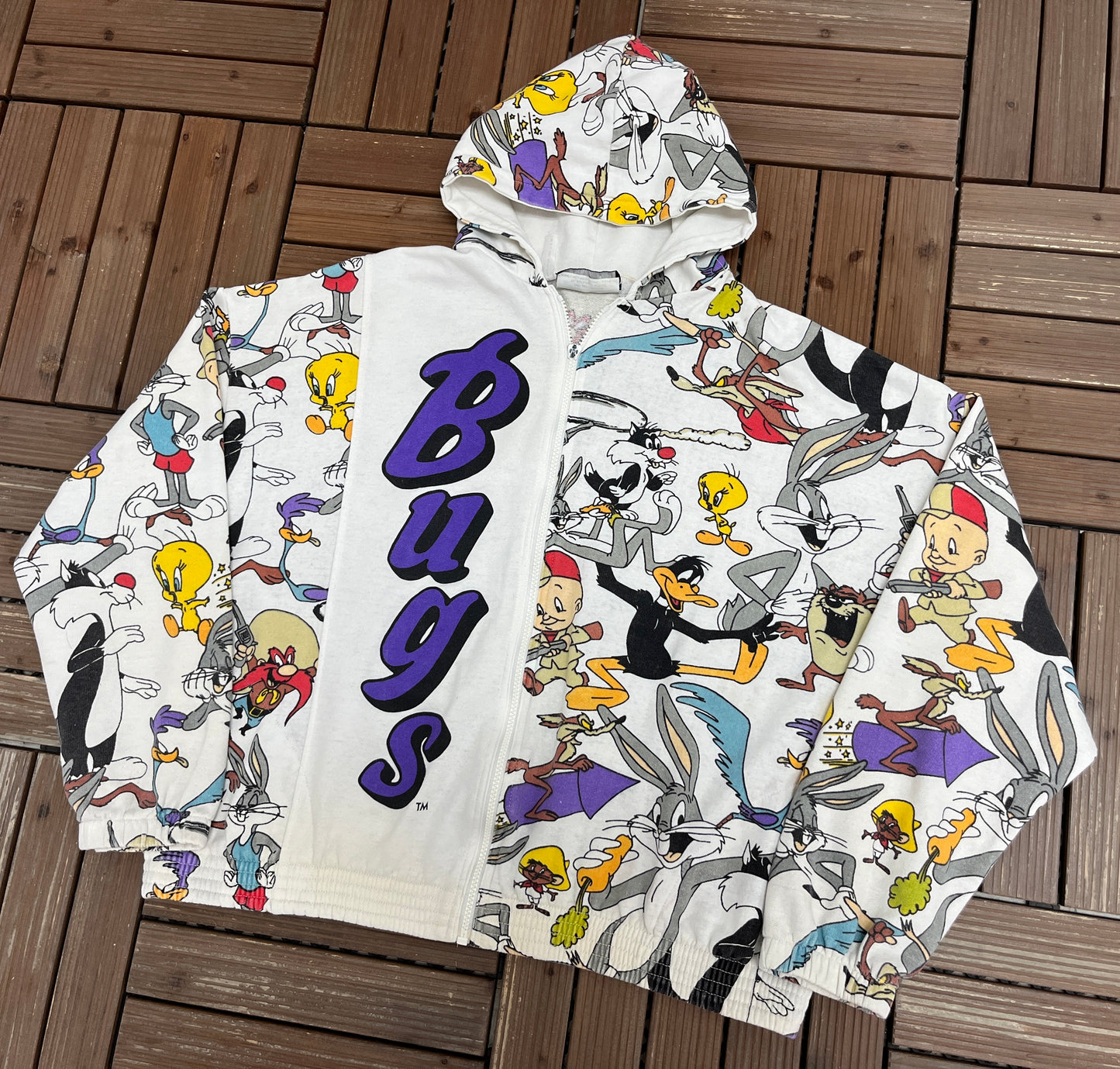 Bugs Bunny Looney Tunes Graphic Hoodie | Size Large | Vintage 1990s Cartoon AOP White Sweater |