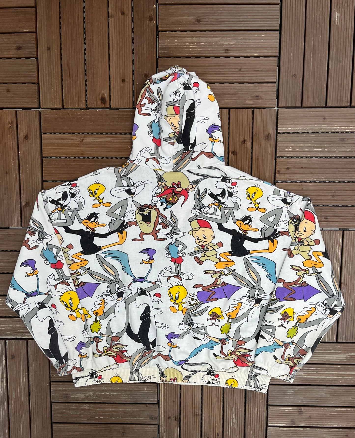 Bugs Bunny Looney Tunes Graphic Hoodie | Size Large | Vintage 1990s Cartoon AOP White Sweater |