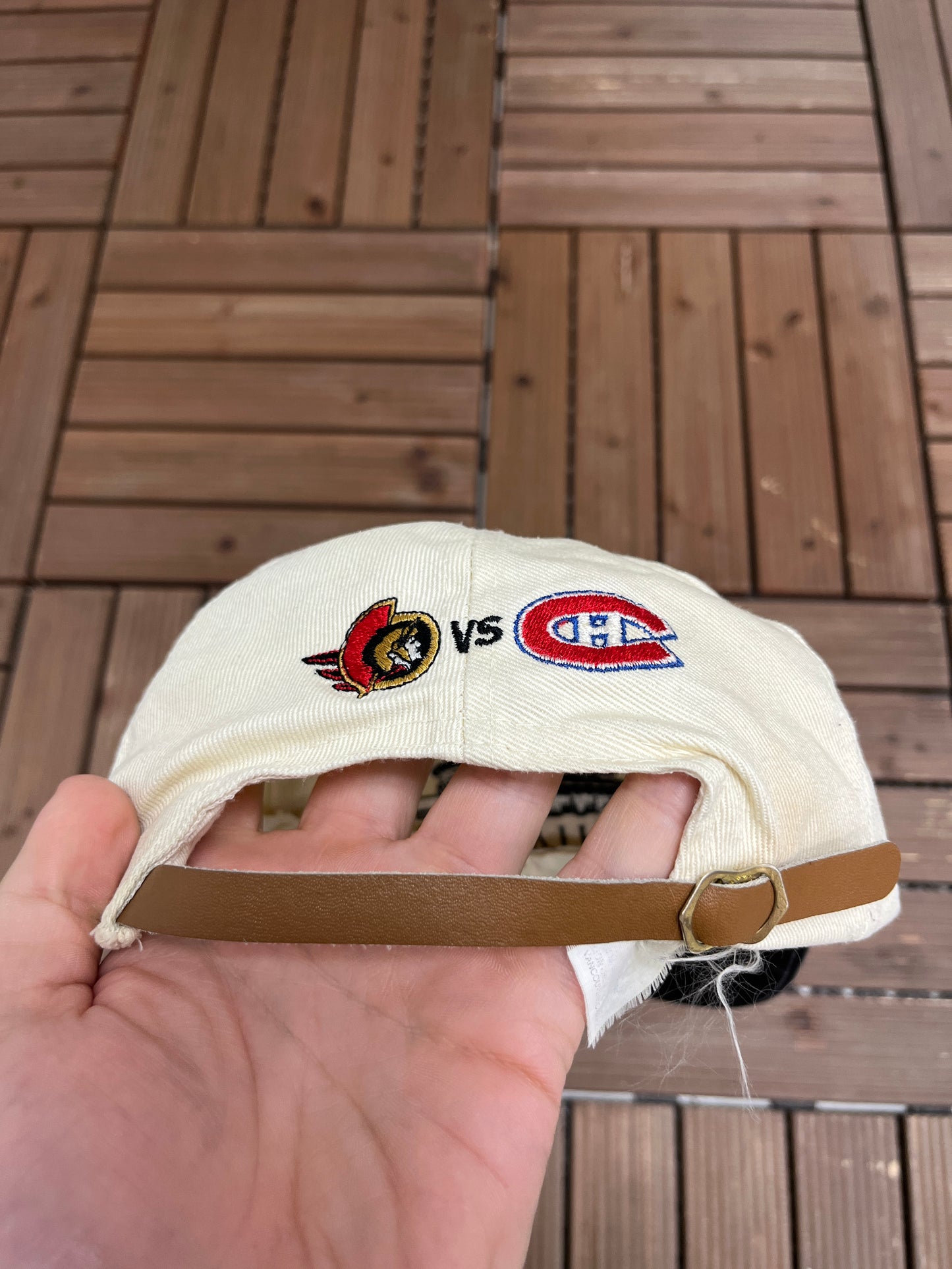 Ottawa Senators vs. Montreal Canadiens Opening Night Graphic Hat | Metal Clasp | Vintage 1990s NHL Hockey White Cap |