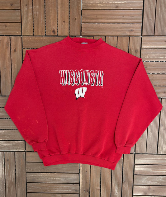 Wisconsin Badgers Stitched Graphic Crewneck | Size Large | Vintage 1990s College Sports Red Sweater |