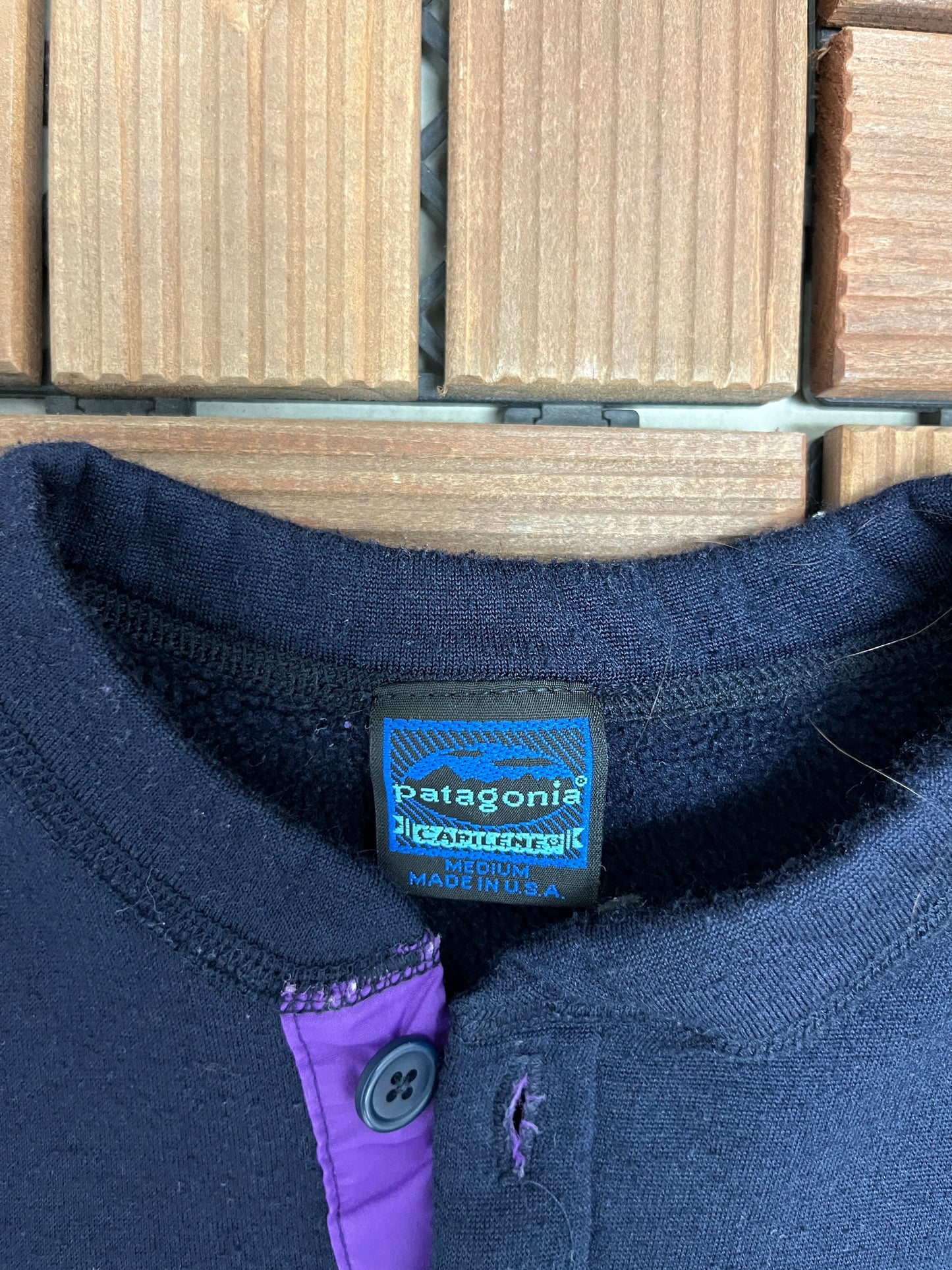 Patagonia Embroidered Capilene Graphic Sweater | Size Medium | Vintage 1990s Made in USA Blue Sweater |