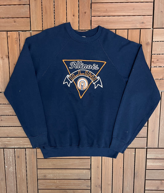 Illinois Fighting Illini Stitched Graphic Crewneck | Size Large | Vintage 1990s College Sports Blue Sweater |