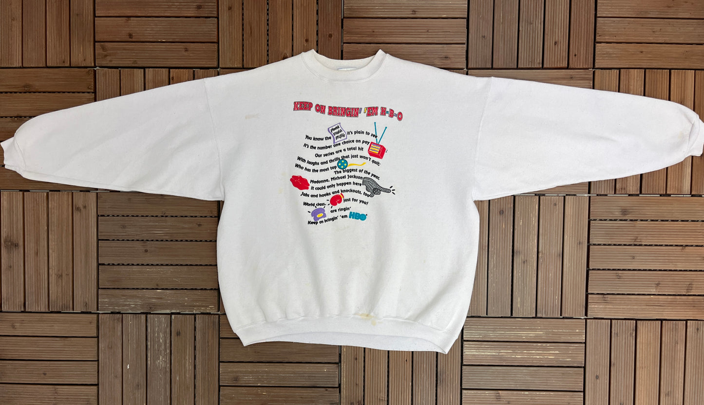 Keep On Bringin' 'Em HBO Graphic Crewneck | Size XX-Large | Vintage 1990s Promotional White Sweater |