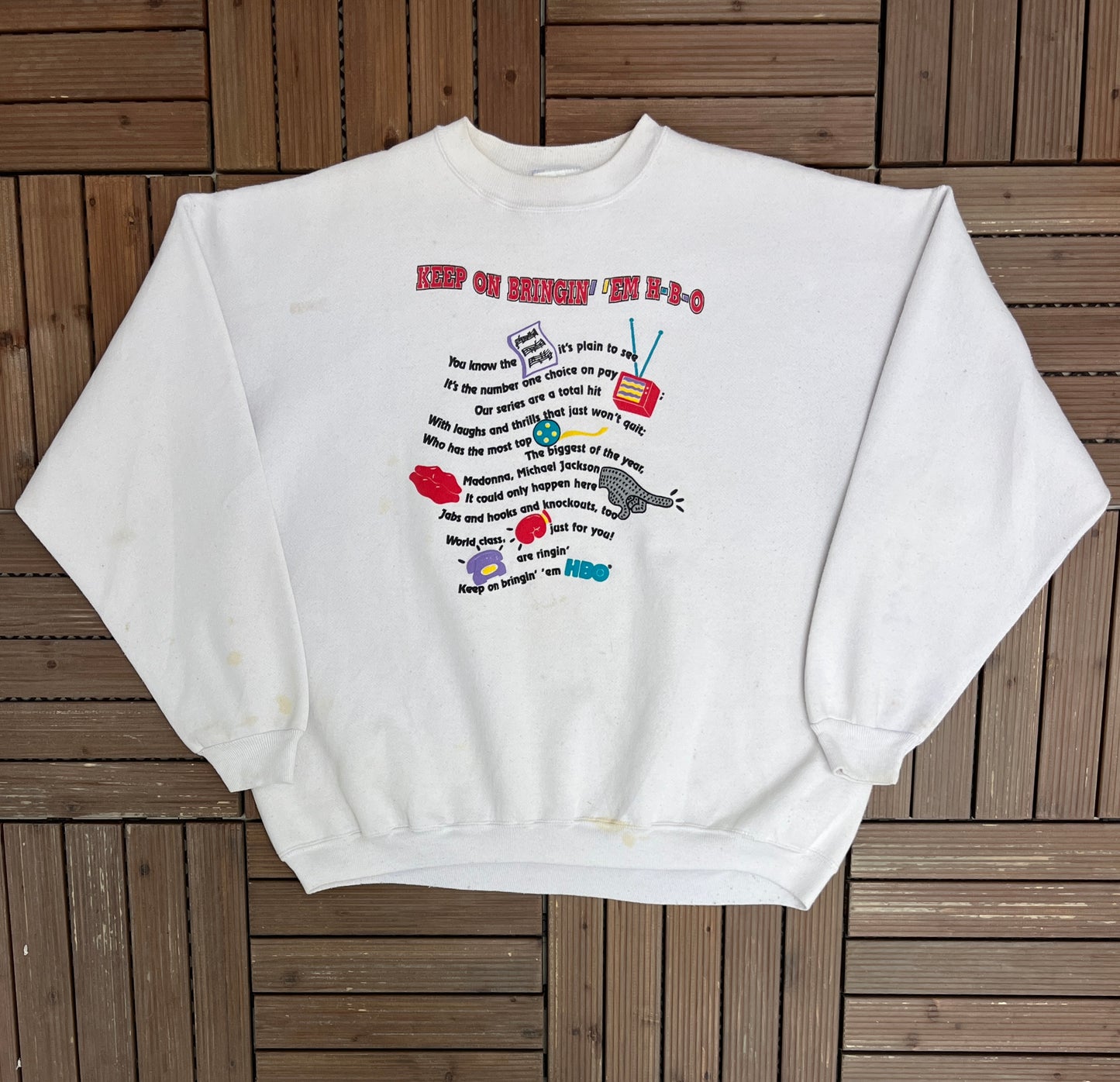 Keep On Bringin' 'Em HBO Graphic Crewneck | Size XX-Large | Vintage 1990s Promotional White Sweater |