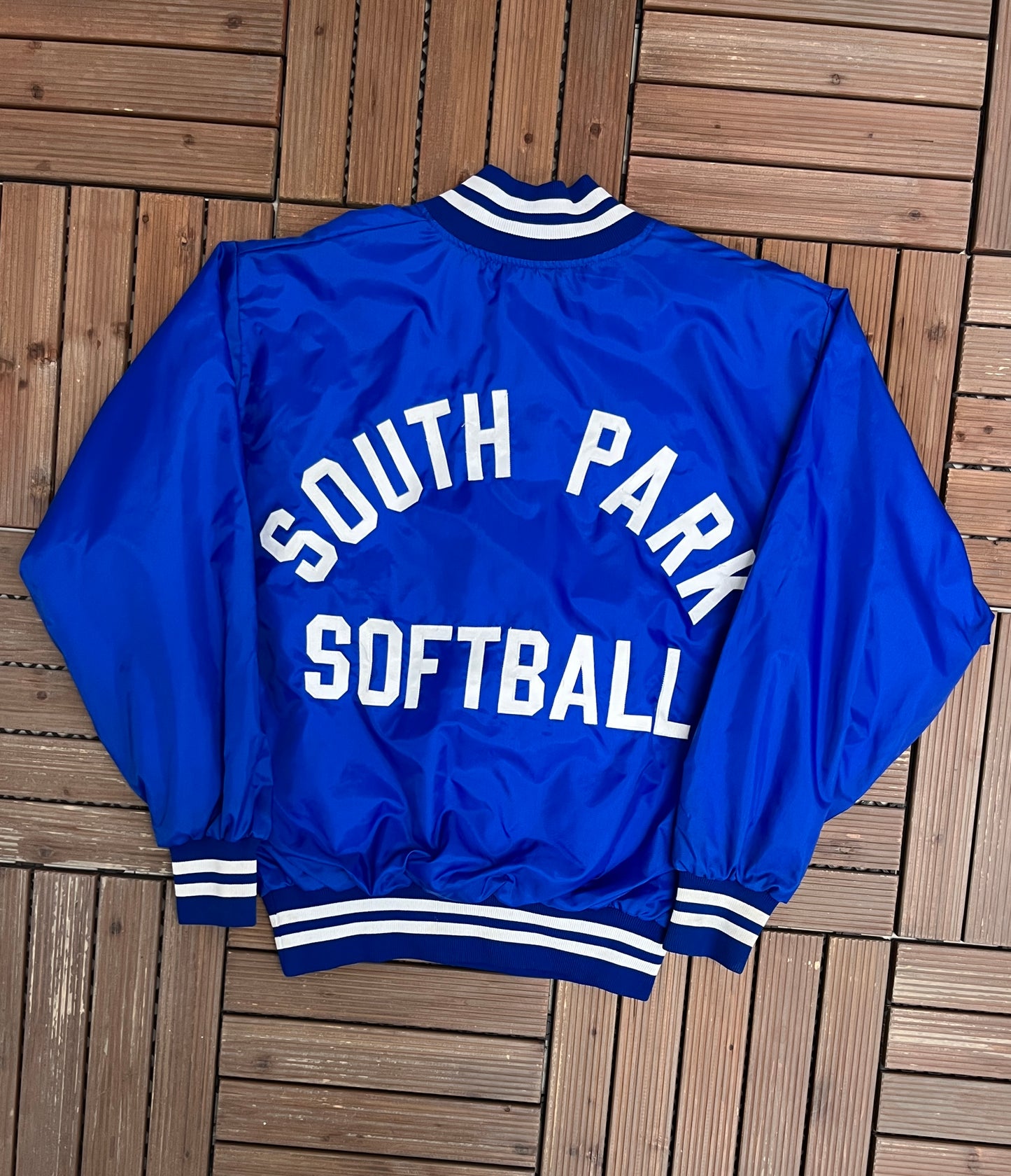 South Park Fast Pitch Association Graphic Varsity Jacket | Size Medium | Vintage 1990s Blue Varsity Bomber Coat |