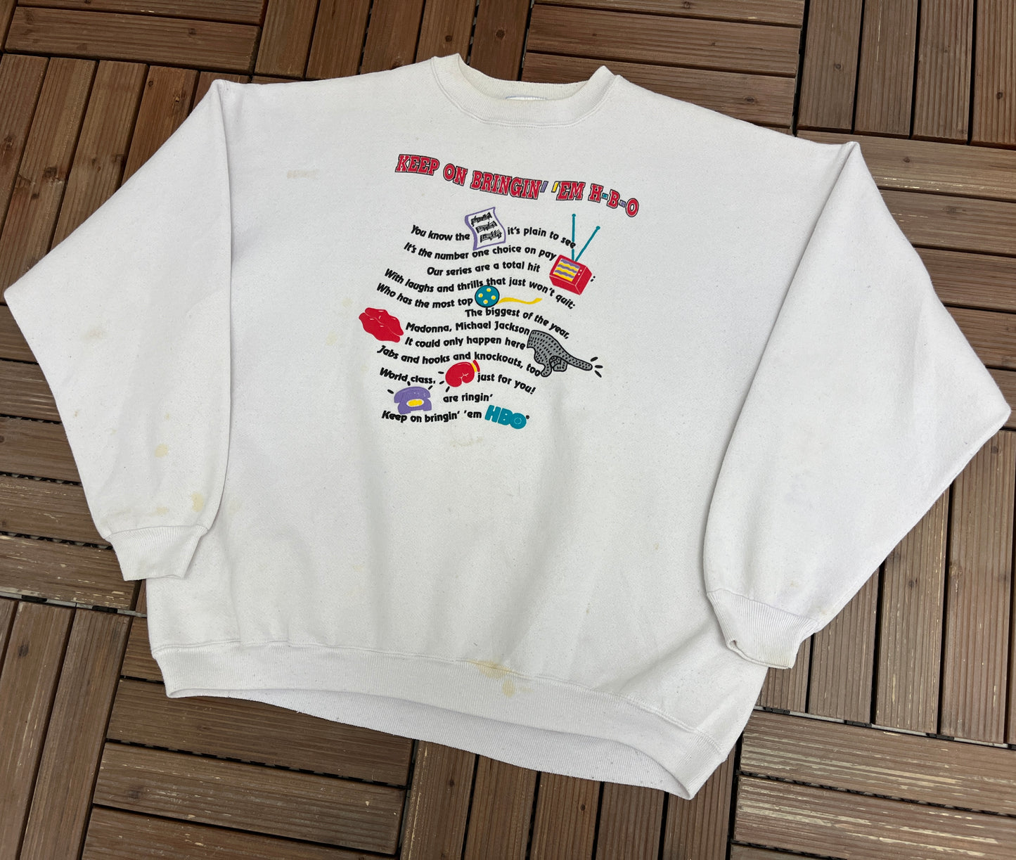 Keep On Bringin' 'Em HBO Graphic Crewneck | Size XX-Large | Vintage 1990s Promotional White Sweater |