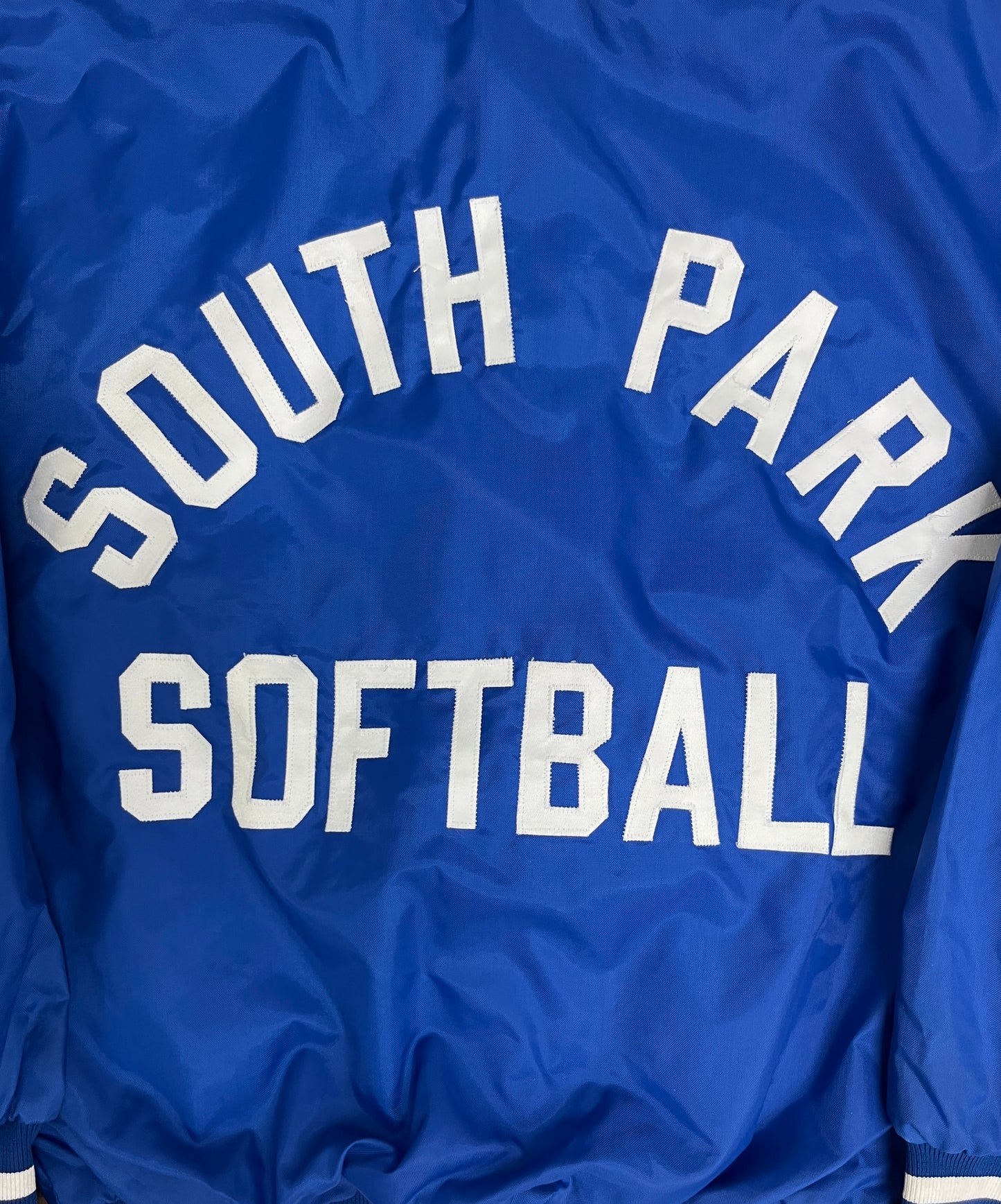 South Park Fast Pitch Association Graphic Varsity Jacket | Size Medium | Vintage 1990s Blue Varsity Bomber Coat |