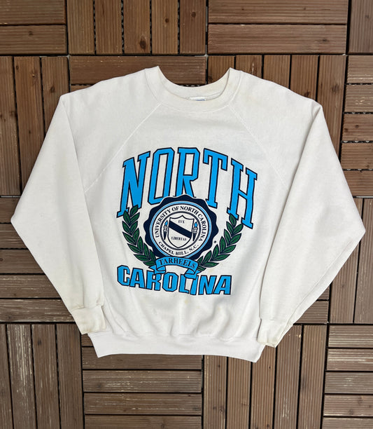 North Carolina Tar Heels Graphic Crewneck | Size Large | Vintage 1980s College Sports White Sweater |