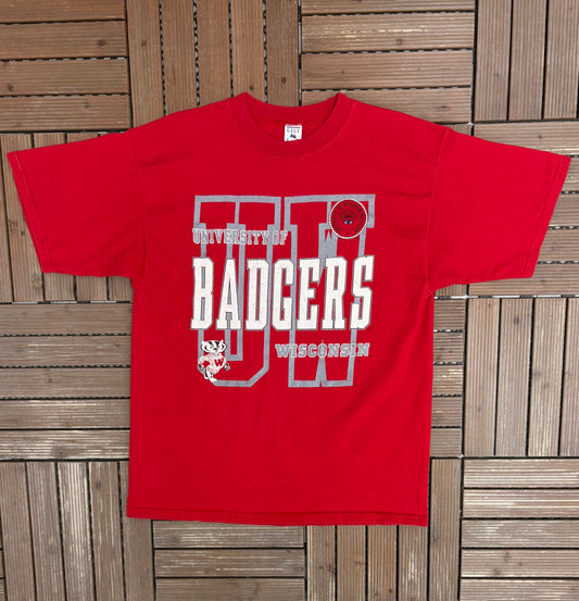 University Of Wisconsin Badgers Graphic Tee | Size Large | Vintage 1990s College Sports Red T-Shirt |