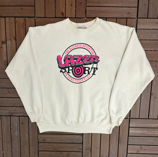 Lazer Sport We Dare You To Play! Graphic Crewneck | Size X-Large | Vintage 1990s Promotional White Sweater |