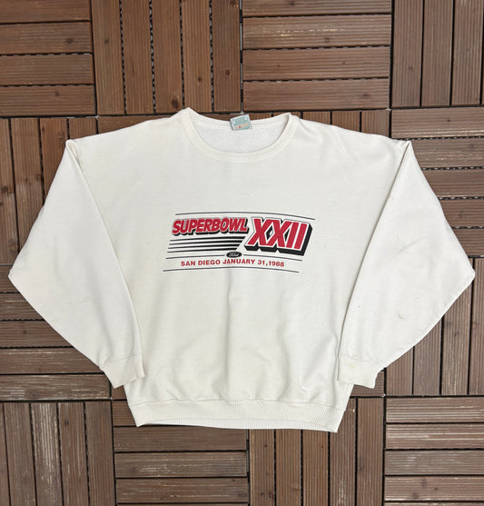 Super Bowl XXII Graphic Crewneck | Size X-Large | Vintage 1980s NFL Football White Sweater |