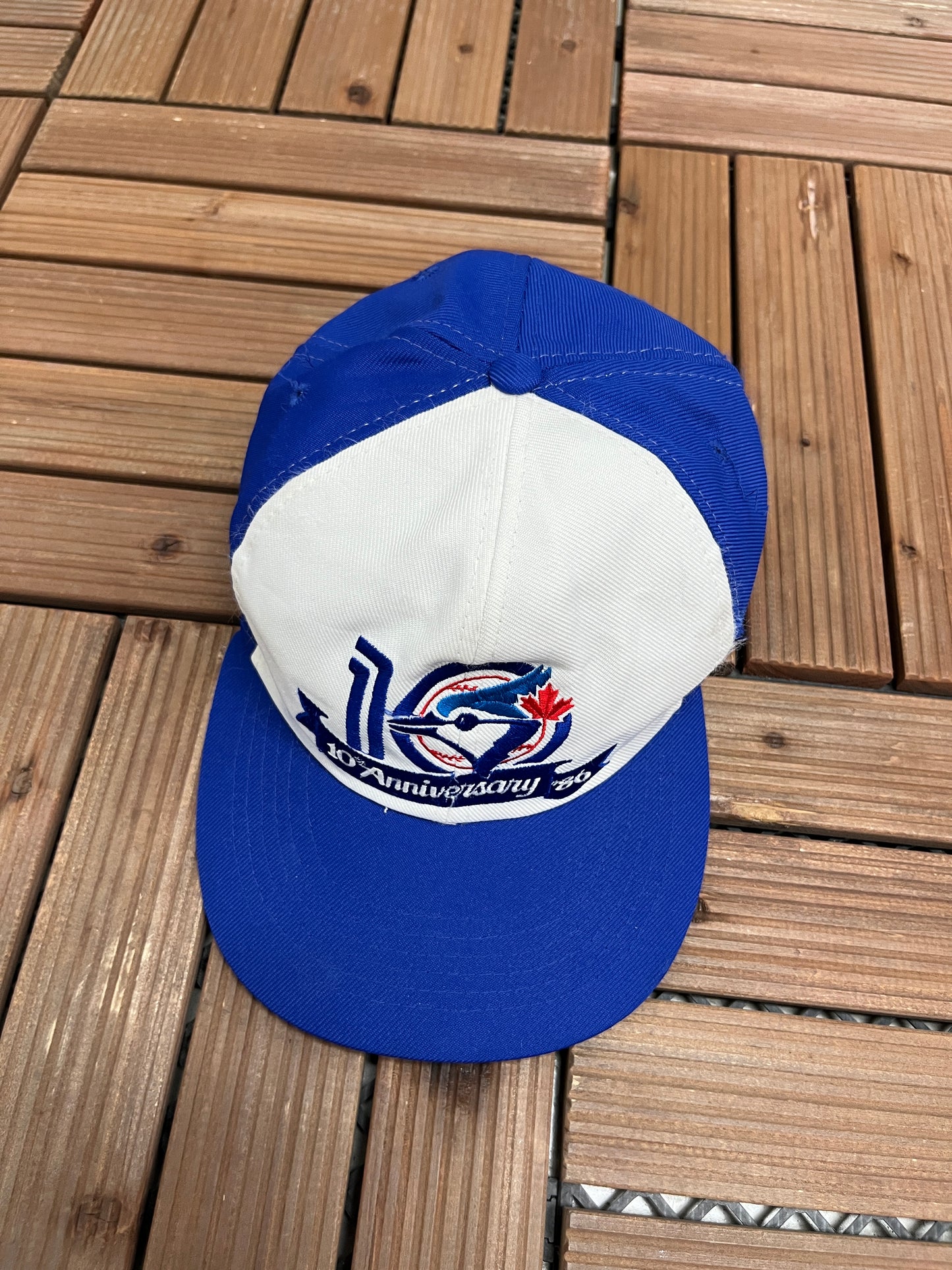 Toronto Blue Jays 10th Anniversary Graphic Hat | Snap Back | Vintage 1980s MLB Baseball White Cap |