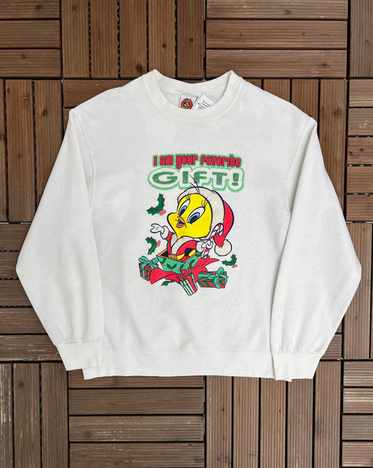 Tweety Bird I Am Your Favorite Gift! Graphic Crewneck | Size Medium | Vintage 1990s White Cartoon Promotional Sweater |