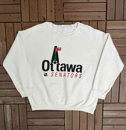 Ottawa Senators Peace Tower Graphic Crewneck | Size X-Large | Vintage 1990s NHL Hockey White Sweater |