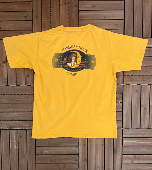 Hawaiian Moon Cigars Graphic Tee | Size Large | Vintage 1990s Promotional Yellow T-Shirt |