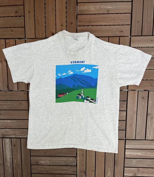 Vermont Mountains Cartoon Graphic Tee | Size Large | Vintage 1990s Single Stitch Grey T-Shirt |