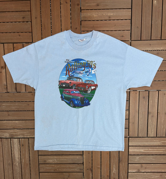 The Legendary Rolling 50's Graphic Tee | Size X-Large | Vintage 1990s Car Show Blue T-Shirt |