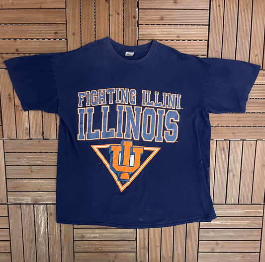 Illinois Fighting Illini Graphic Tee | One Size | Vintage 1990s College Sports Blue T-Shirt |