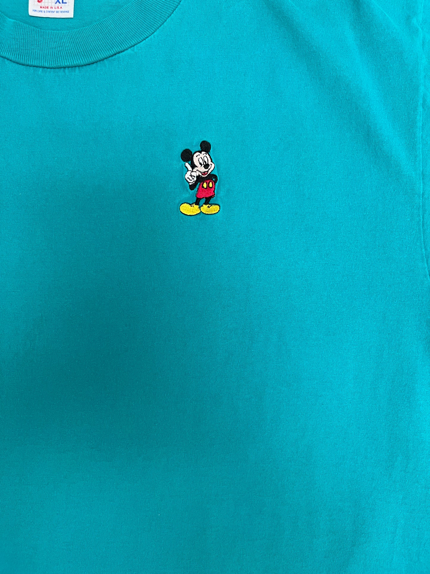 Mickey Mouse Embroidered Graphic Tee | Size X-Large | Vintage 1990s Disney Cartoon Teal T-Shirt |