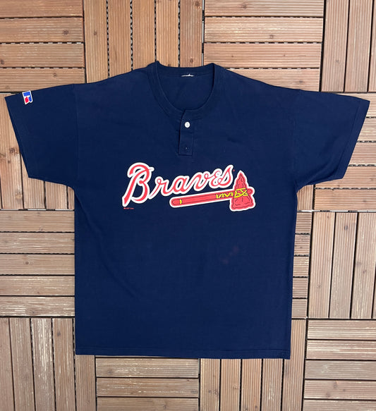 Atlanta Braves Graphic Tee | Size X-Large | Vintage 1990s MLB Baseball Blue T-Shirt |