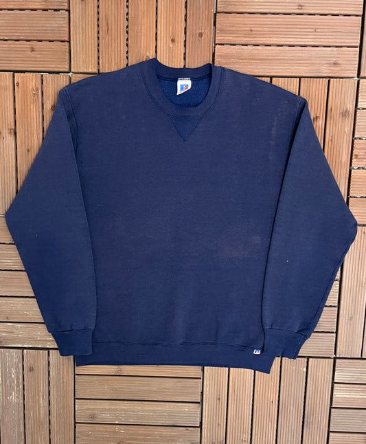 Blue Blank Russell Athletic Crewneck | Size Large | Vintage 1990s Branded Blank Sweater |