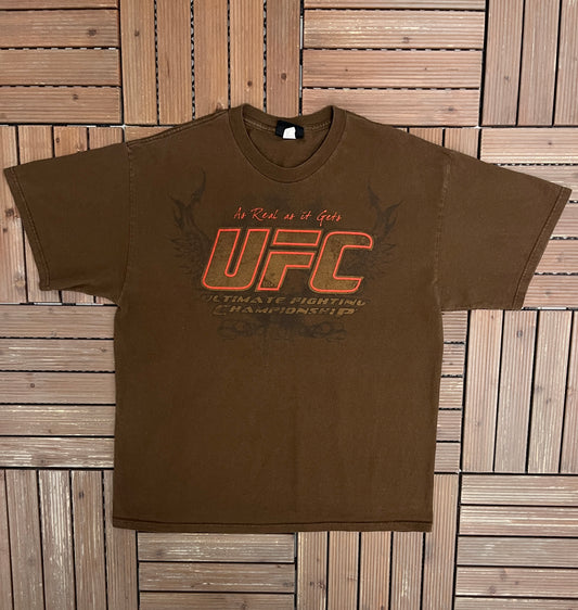 UFC As Real As It Gets Graphic Tee | Size X-Large | Vintage 2000s Promotional Brown T-Shirt |