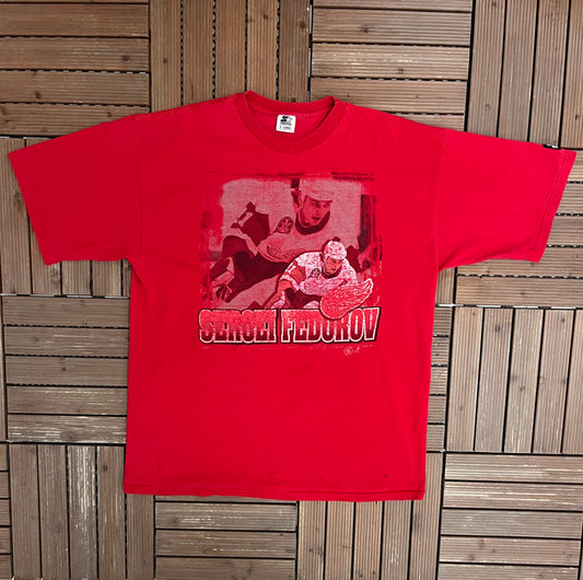 Detroit Red Wings Sergei Fedorov Graphic Tee | Size X-Large | Vintage 1990s NHL Hockey Red T-Shirt |