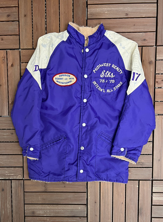 Midwest Realty Elks '78-'79 Graphic Jacket | Size Medium | Vintage 1970s Varsity Promotional Purple Coat |