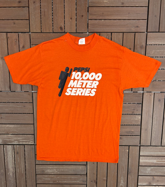 Pepsi 10,000 Meter Series Graphic Tee | Size Large | Vintage 1990s Single Stitch Orange T-Shirt |