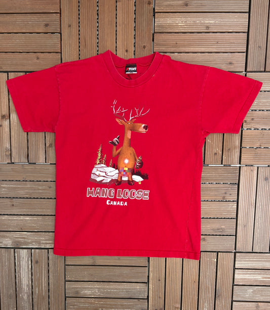 Hang Loose Canada Graphic Tee | Size Medium | Vintage 1990s Funny Tourist Red T-Shirt |