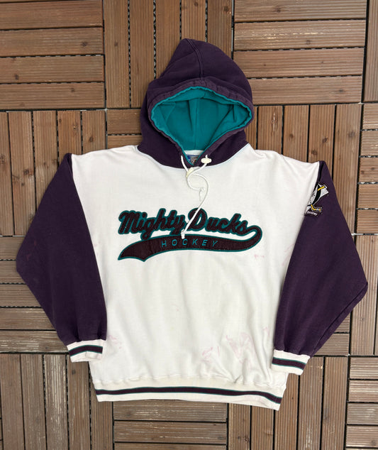 Anaheim Mighty Ducks Hockey Graphic Hoodie | Size Medium | Vintage 1990s NHL Hockey White Sweater |