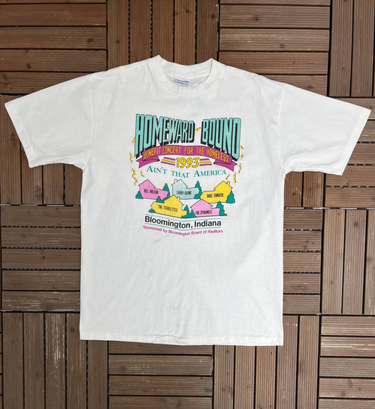 Benefit Concert For The Homeless 1993 Graphic Tee | Size X-Large | Vintage 1990s Promotional Music White T-Shirt |